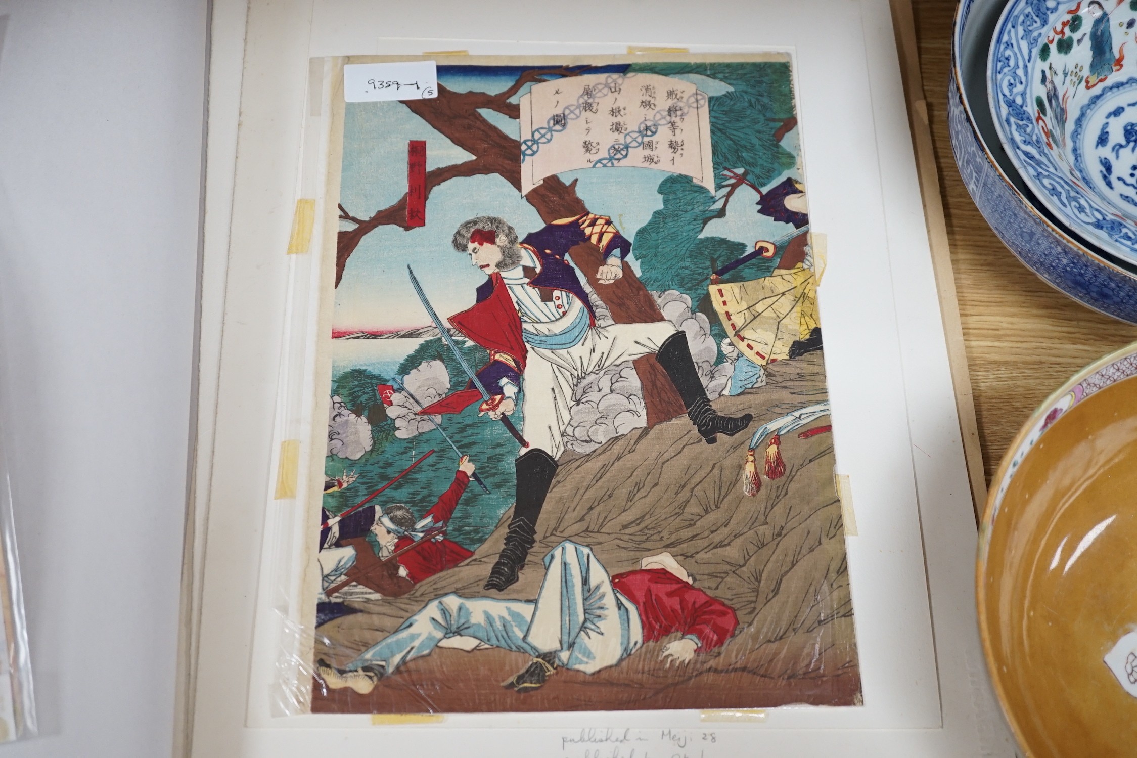 Japanese School, five woodblock prints, Scenes from the Sino-Japanese War, including works by Yoshitaki and Chitunobu, largest 36 x 24cm, unframed